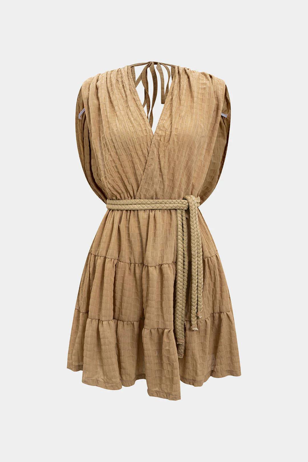 V-Neck Belted Ruched Tie-Up Sleeveless Mini Dress