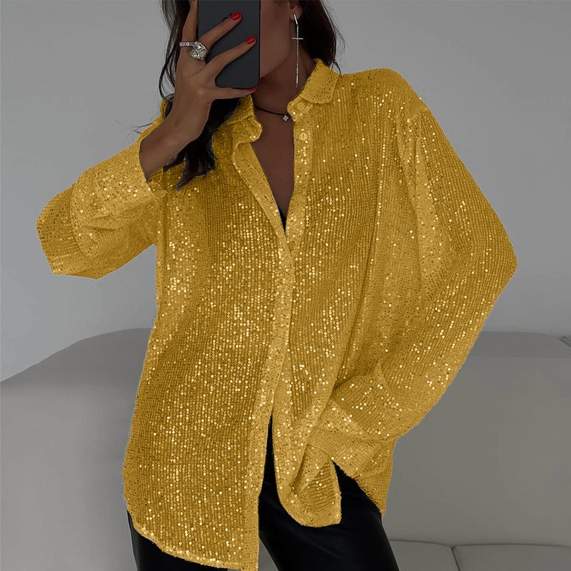 Women's Sequin Lapel Shirt Casual Glitter Loose Long Sleeve Retro Sexy See-through Black Streetwear Top