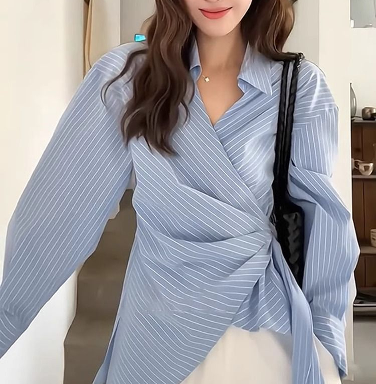 Women's Striped Side Strap Cross Waist Shirt Blouse