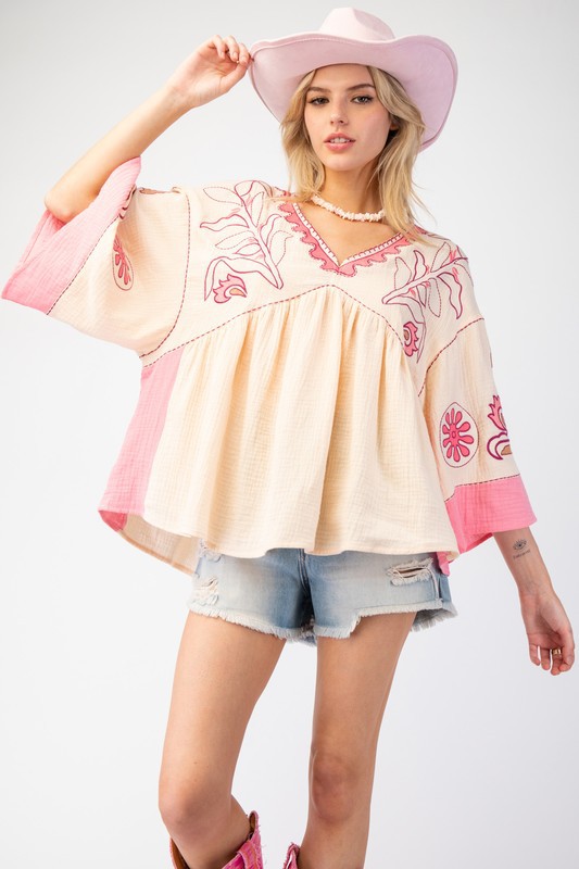 2025 Women's Color Block V-Neck Top - Flared Sleeve Casual Loose Fit Blouse for Spring Summer