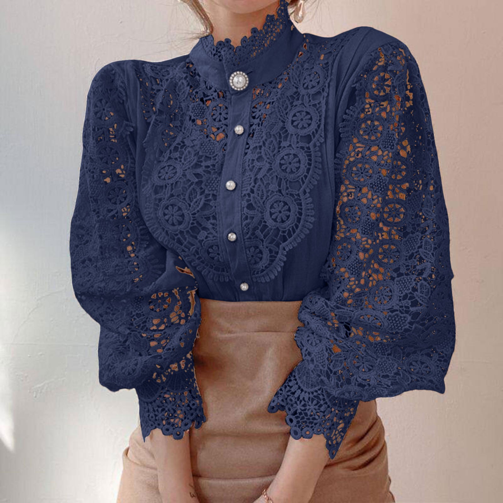 Women's Hollow Out Lace Shirt Elegant Embroidered Patchwork Long Sleeve Blouse