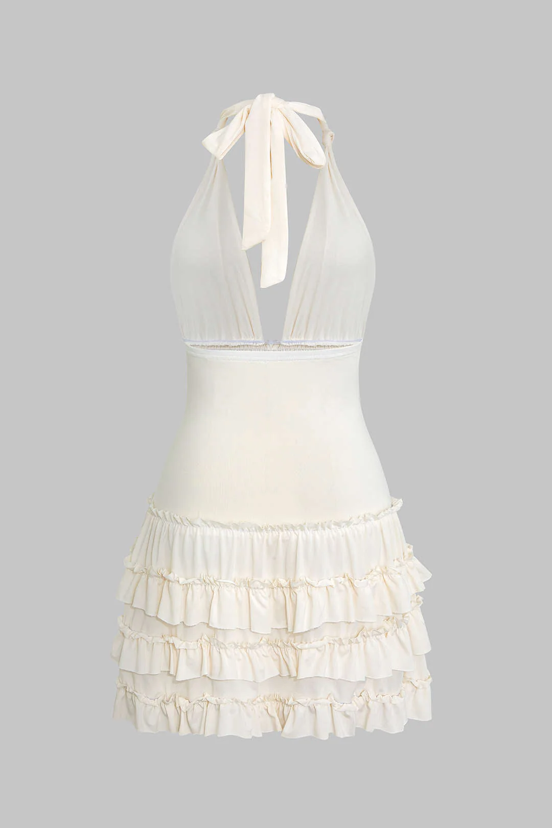 V-Neck Halter Neck Backless Knotted Shirred Sleeveless Mini Dress