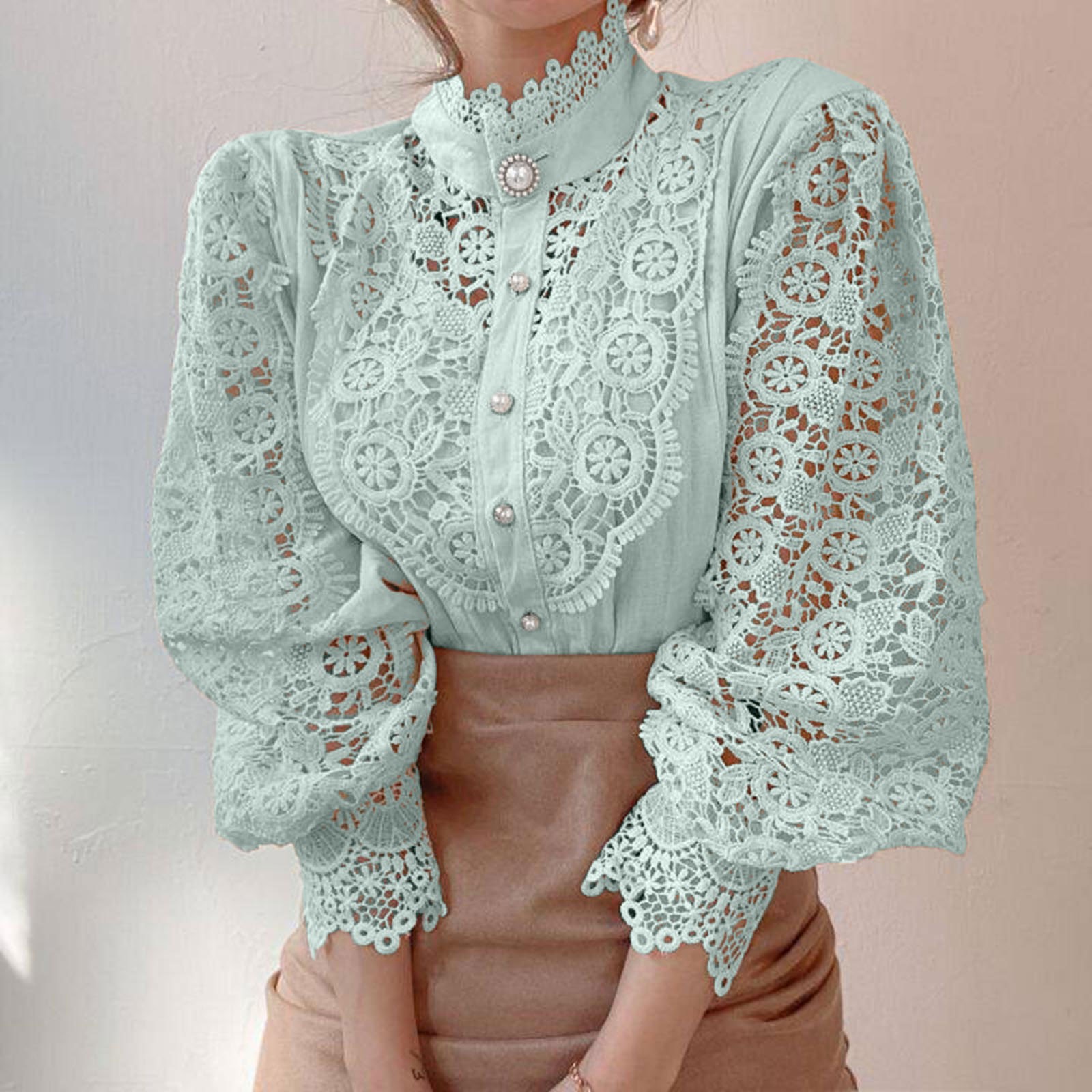 Women's Hollow Out Lace Shirt Elegant Embroidered Patchwork Long Sleeve Blouse