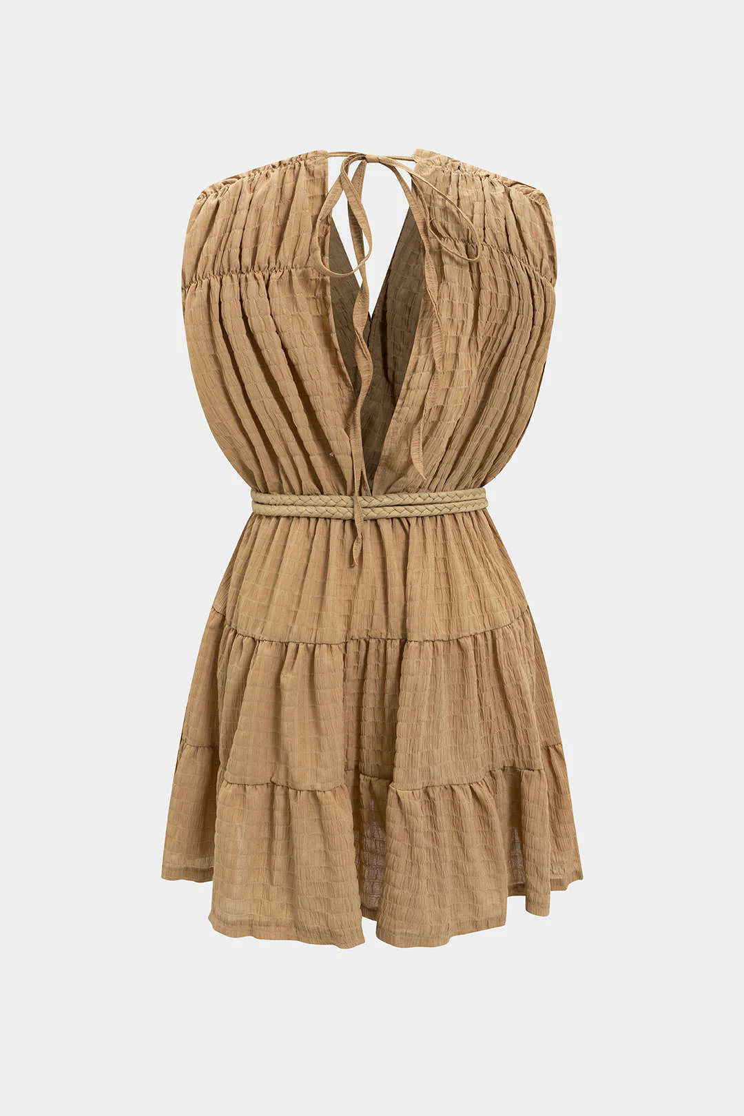 V-Neck Belted Ruched Tie-Up Sleeveless Mini Dress