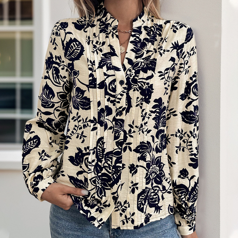 Casual Loose Printed Shirt for Women – Vintage Oversized Blouse, Elegant Autumn Fashion Top