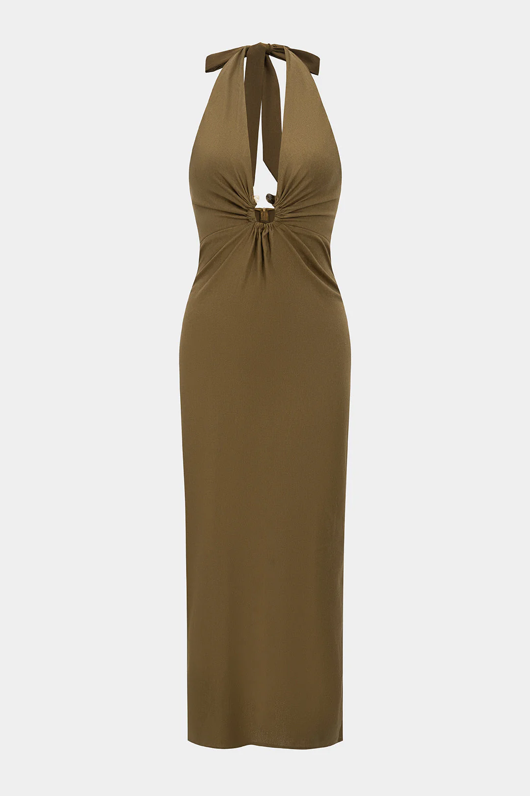 Satin Metallic V-Neck Halter Neck Tie-Back Sleeveless Maxi Dress