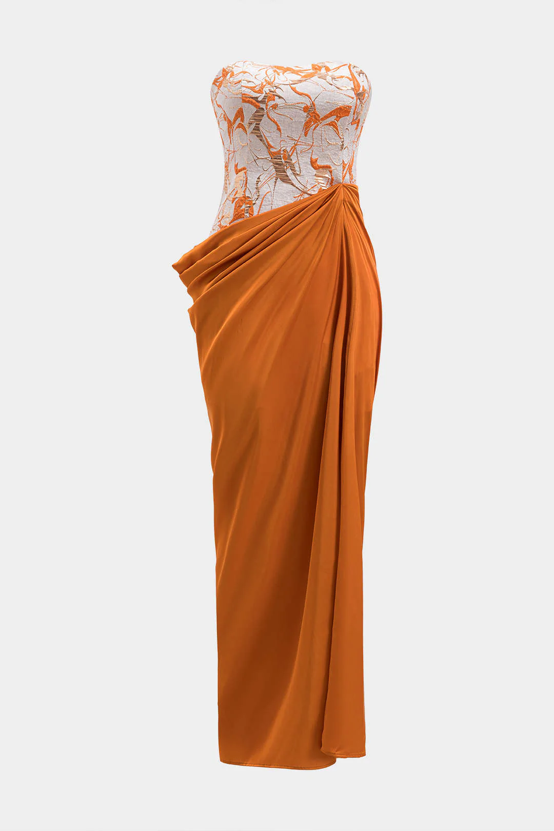Satin Jacquard Patchwork Ruched Strapless Sleeveless Maxi Dress