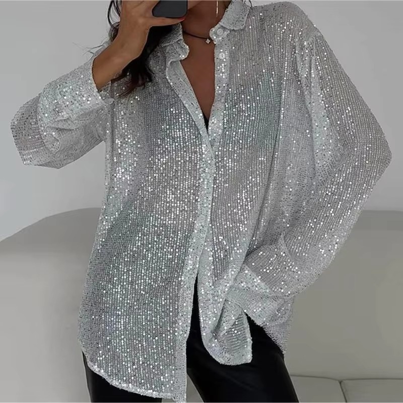 Women's Sequin Lapel Shirt Casual Glitter Loose Long Sleeve Retro Sexy See-through Black Streetwear Top