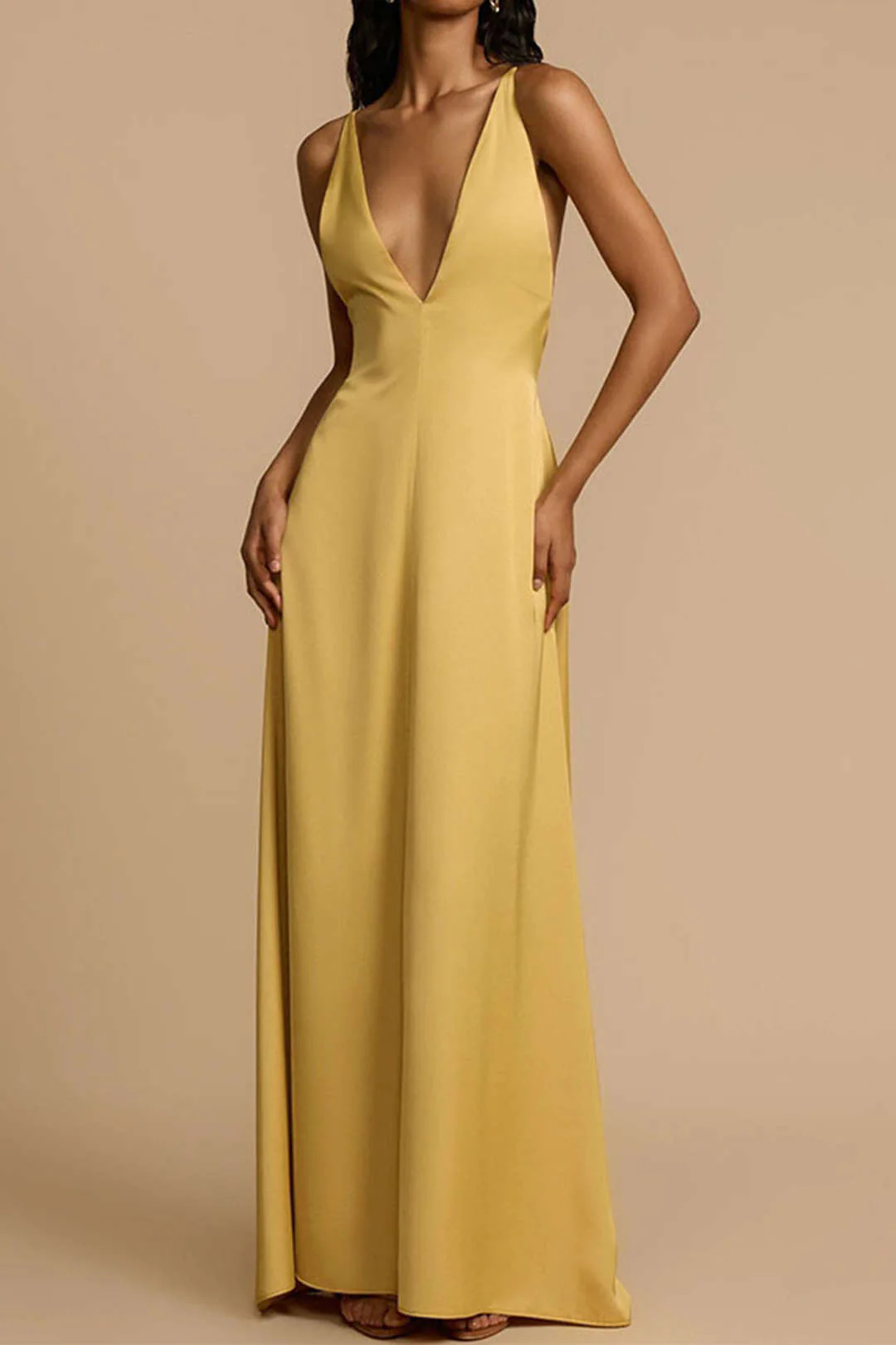 Satin Backless V-Neck Beaded Sleeveless Maxi Dress