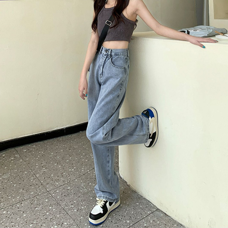American-style loose-fitting wide-leg jeans for women, high-waisted, slimming, floor-length