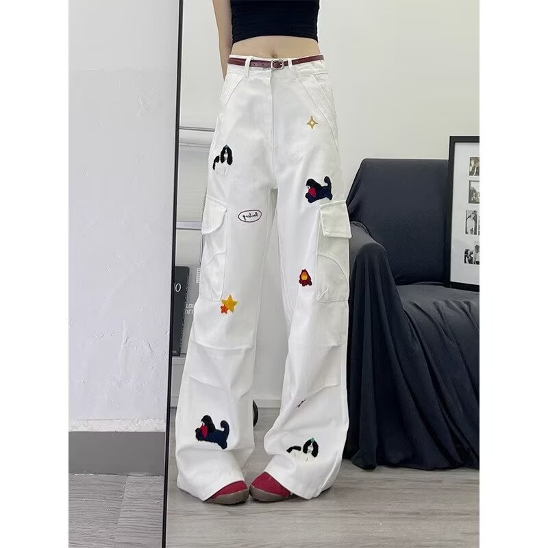Women's white denim jeans with embroidered puppy design, American style, loose fit, wide leg, straight leg, casual cargo pants.