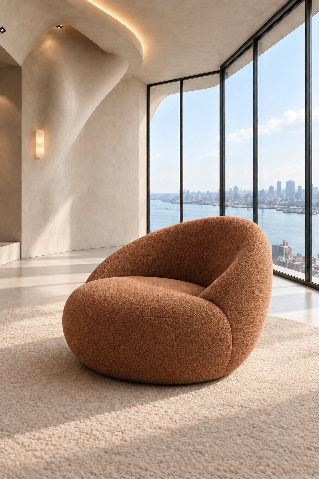 CurvaCasa · 1 sillón individual · Terracota caramelo · visualización IA