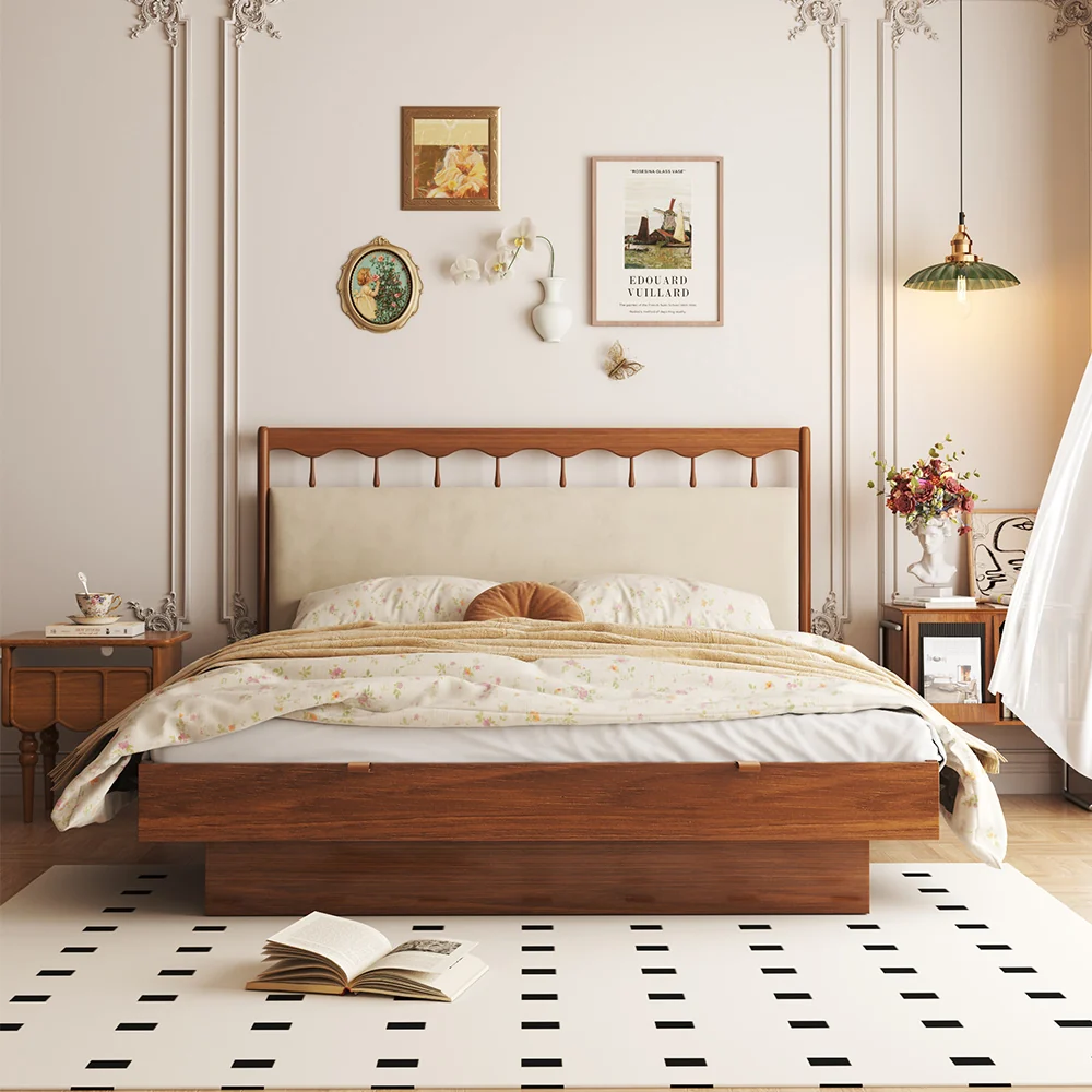 JASIWAY Vintage Almacenamiento cama Madera maciza flotante cama con grande Almacenamiento