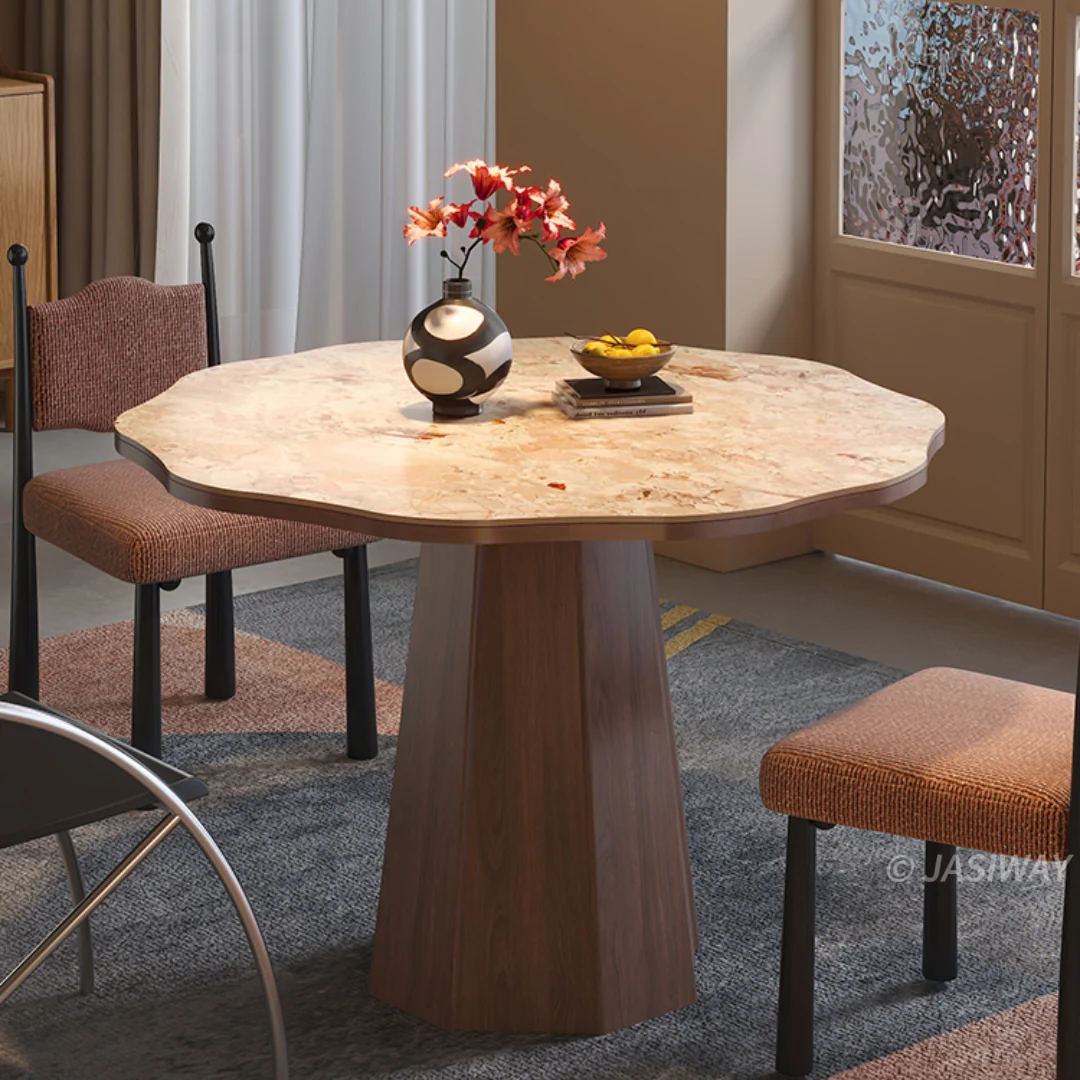 NÓVORA CASA ondulado borde Redondo Mesa de comedor con escultórico pedestal soporte| Moderno Mesa de comedor con Piedra sinterizada superior