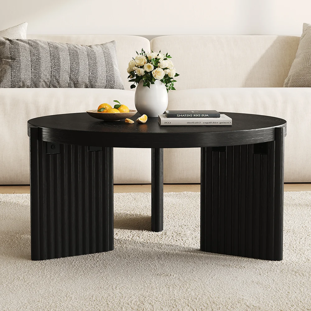 NÓVORA CASA Negro Redondo acanalado Mesa de centro| Moderno MDF decorativo mesa
