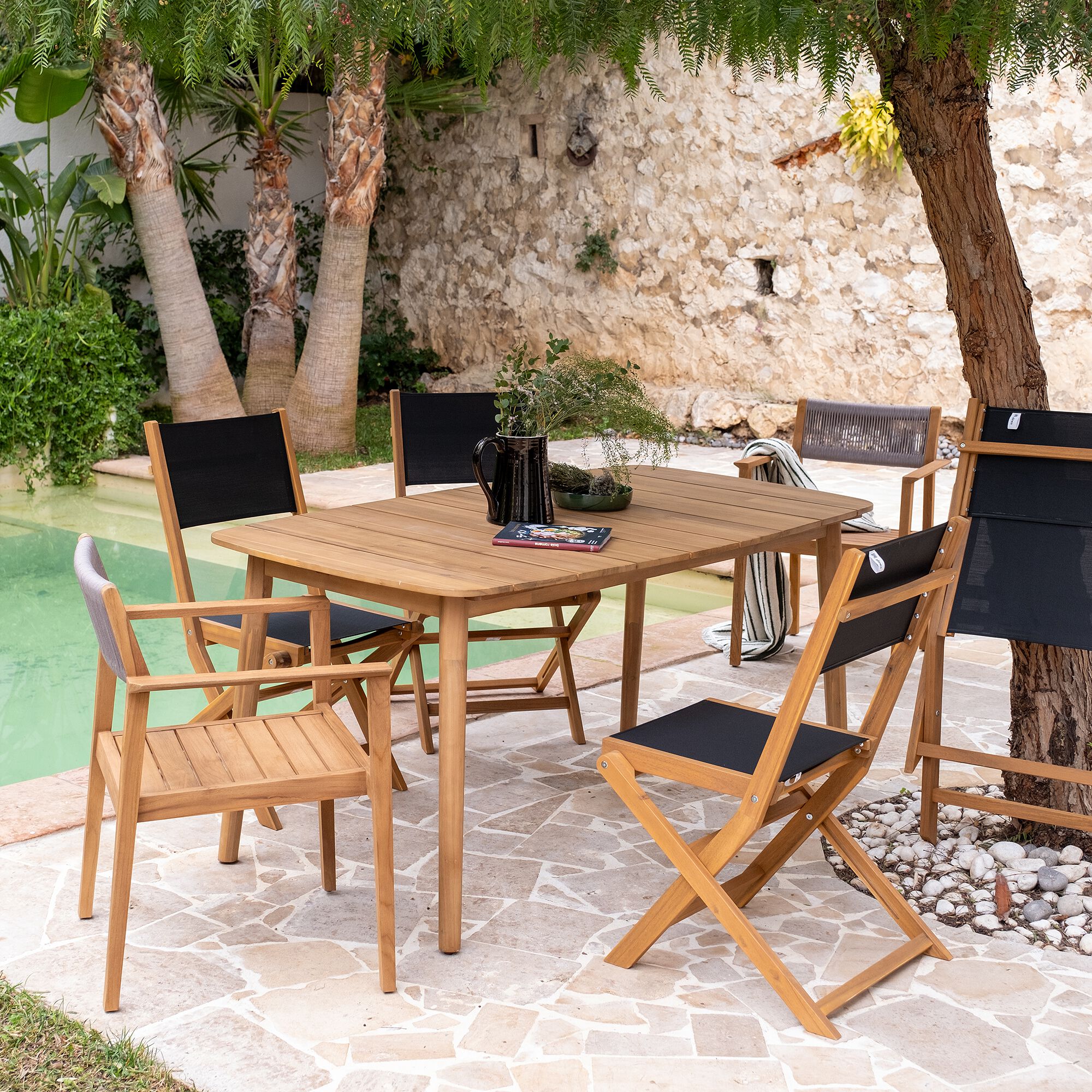 LAVISA - Chaise de jardin pliante en acacia huilé et tissu - noir