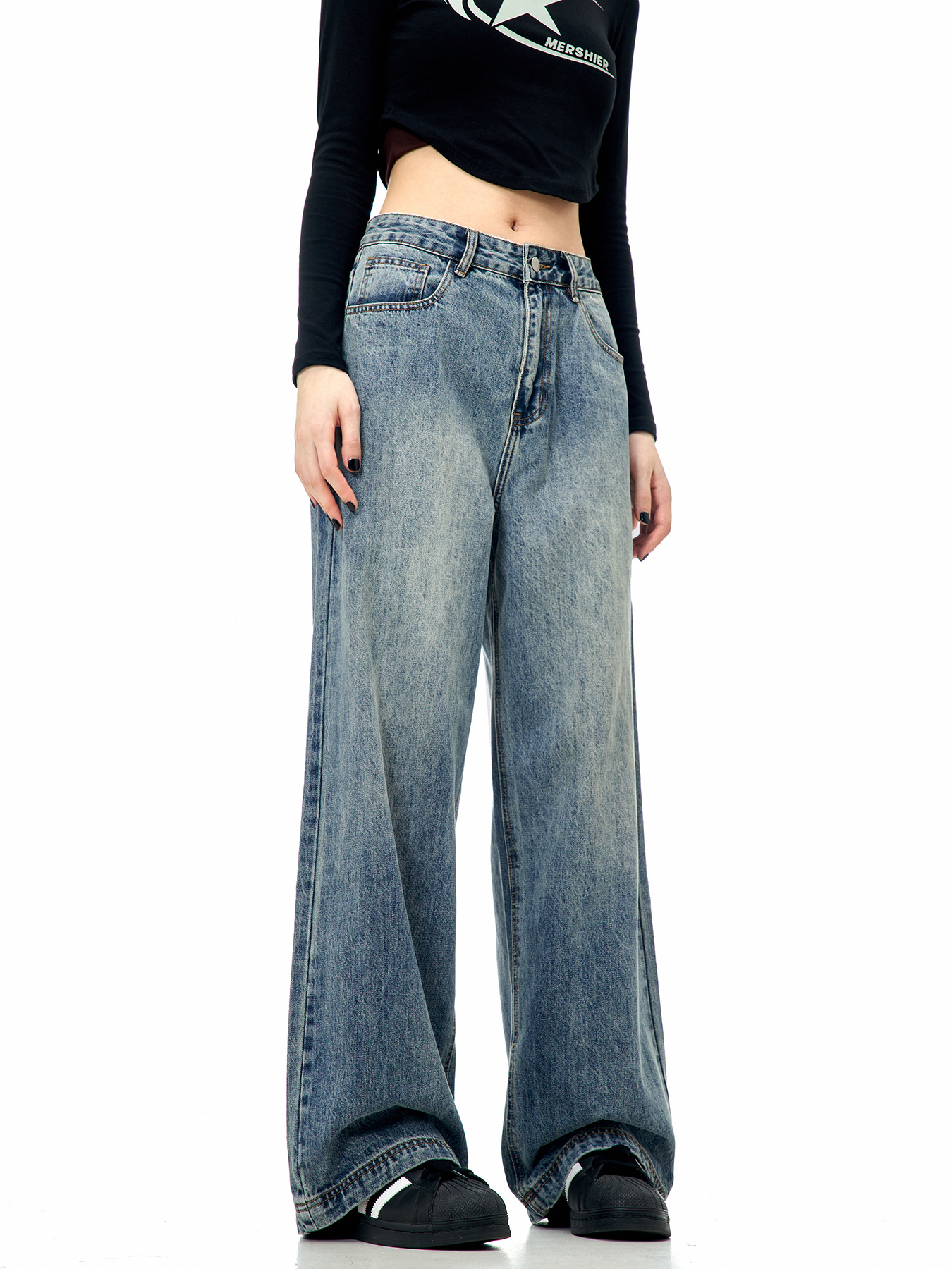 11KN American Retro Blue Straight Leg Jeans, Unisex, Loose Fit, Versatile, Trendy, Simple, Clean Fit, Casual Wide Leg Pants