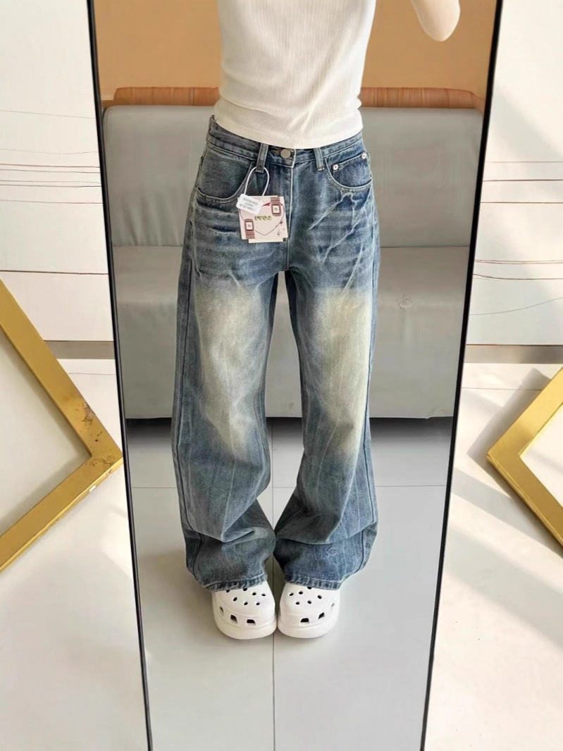American-style washed lightning crackle blue denim jeans for women, new summer style, loose fit, straight leg, casual long pants.