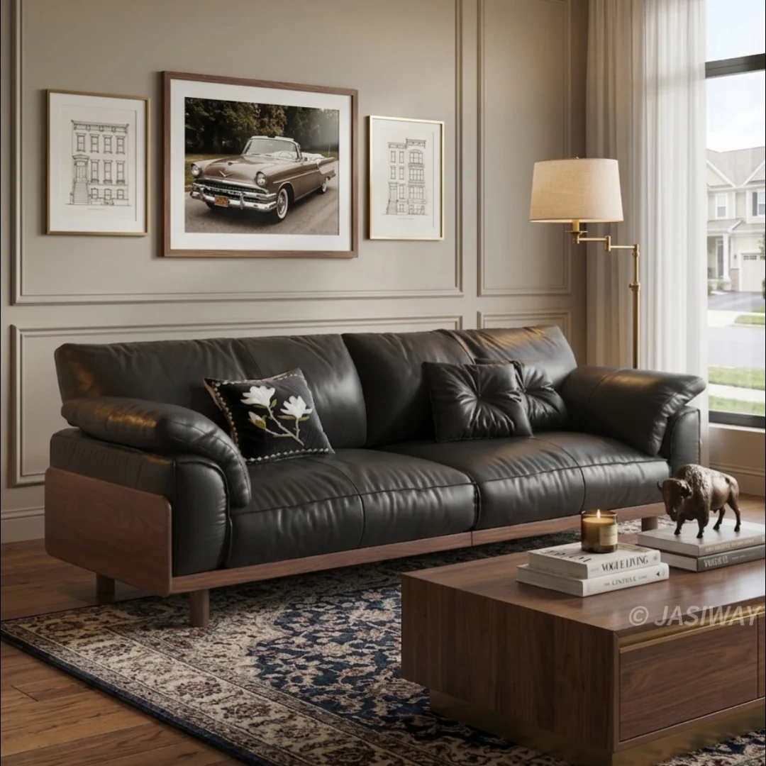 NÓVORA CASA Piel de grano superior sofá| mediados siglo Moderno 3-plazas sofá con Madera maciza soporte- genuino piel Sala muebles