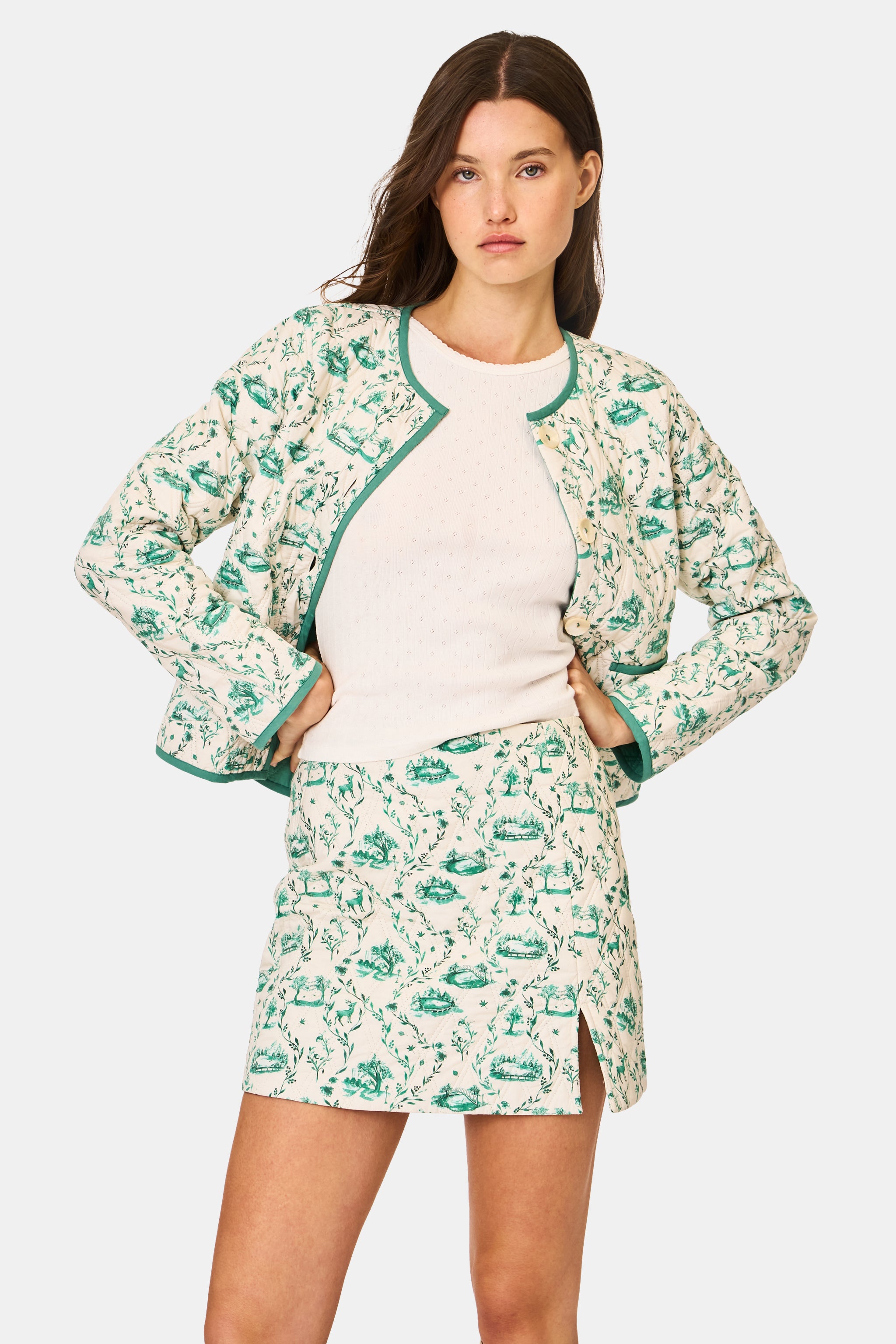 Woodland Toile Quilted Azure Mini Skirt