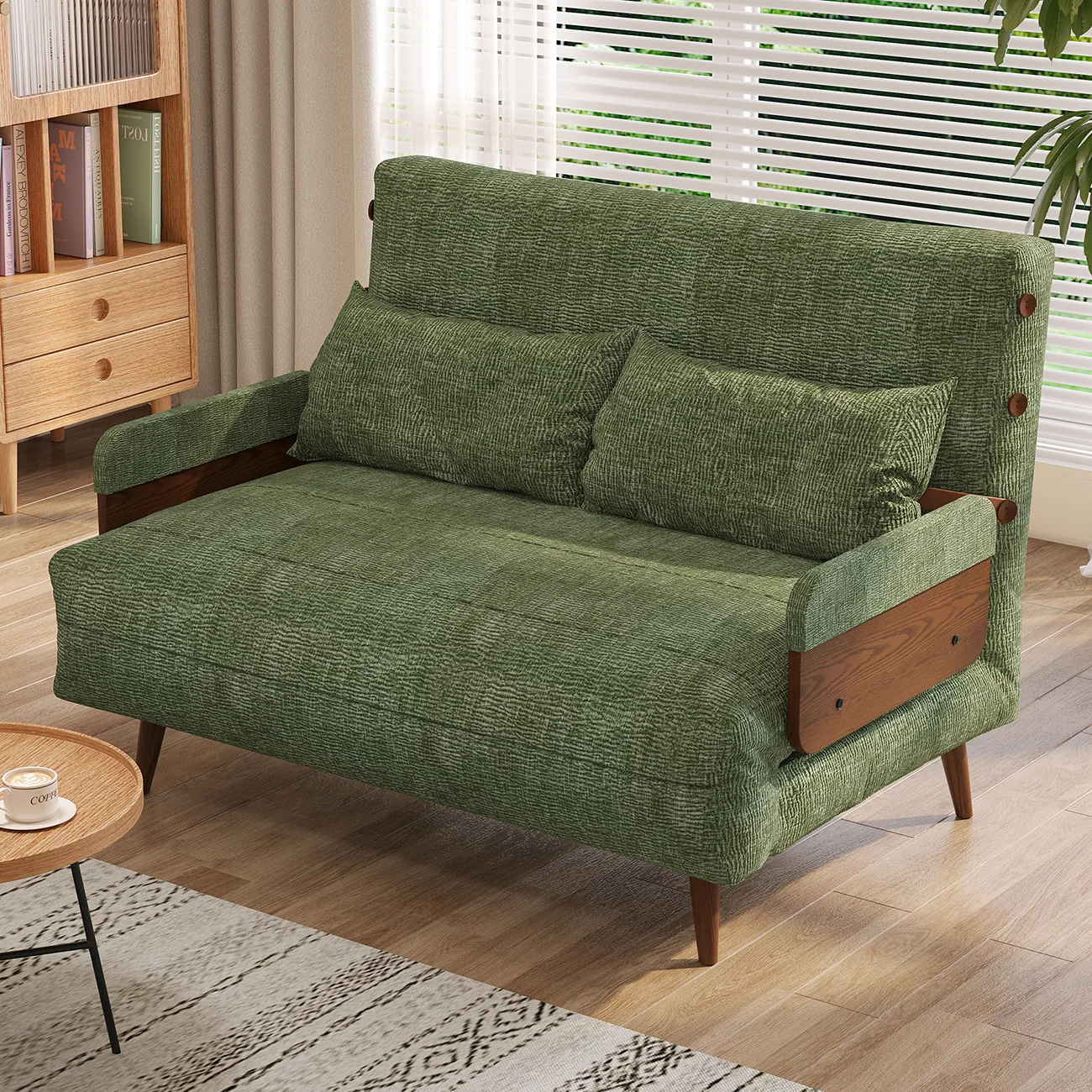 NÓVORA CASA mediados siglo Moderno Verde Sofá cama transformable para pequeño espacios| individual cama sofá con madera brazos
