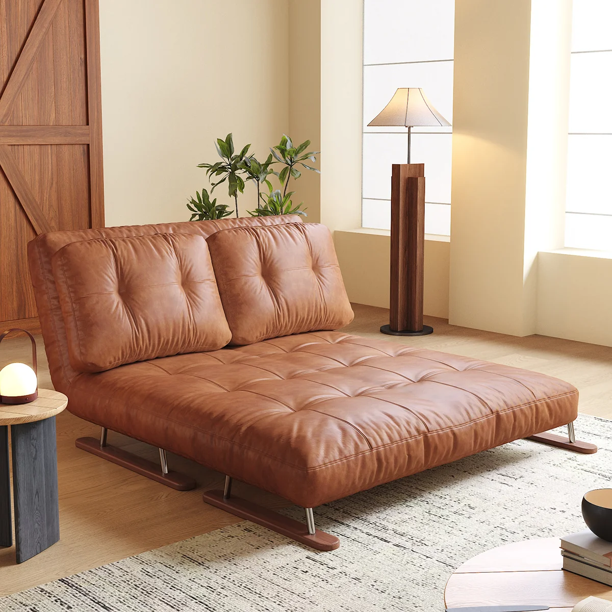 NÓVORA CASA Plegable Sofá cama en caramelo ecológico piel– 4-en-1 transformable sillón, diván & cama