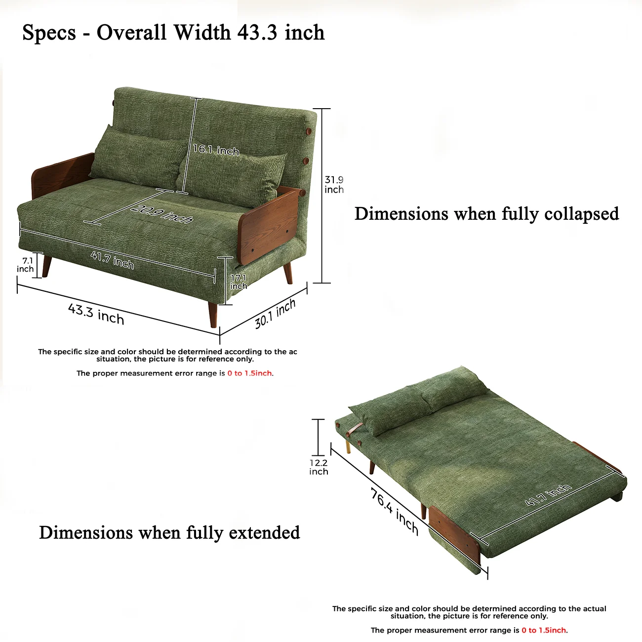 NÓVORA CASA mediados siglo Moderno Verde Sofá cama transformable para pequeño espacios| individual cama sofá con madera brazos