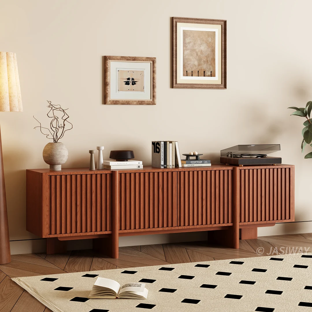 NÓVORA CASA mediados siglo Moderno acanalado Mueble para TV con madera de listones puertas| 79 pulgadas multimedia consola gabinete para TVs superior a 85 pulgadas