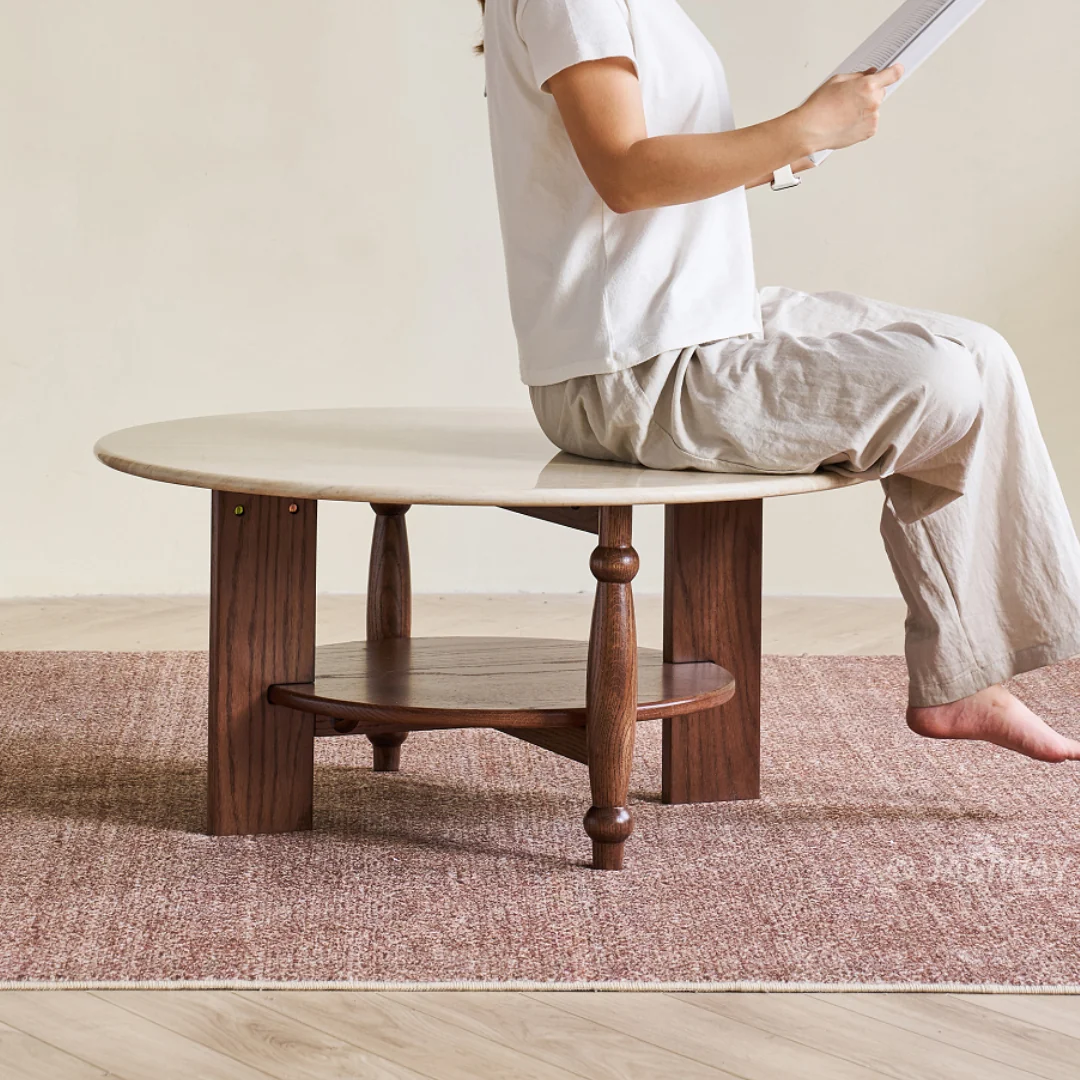 NÓVORA CASA Mármol sintético Redondo Mesa de centro con Almacenamiento repisa| mediados siglo Moderno 2-niveles Mesa de centro con Madera maciza soporte (31.5
