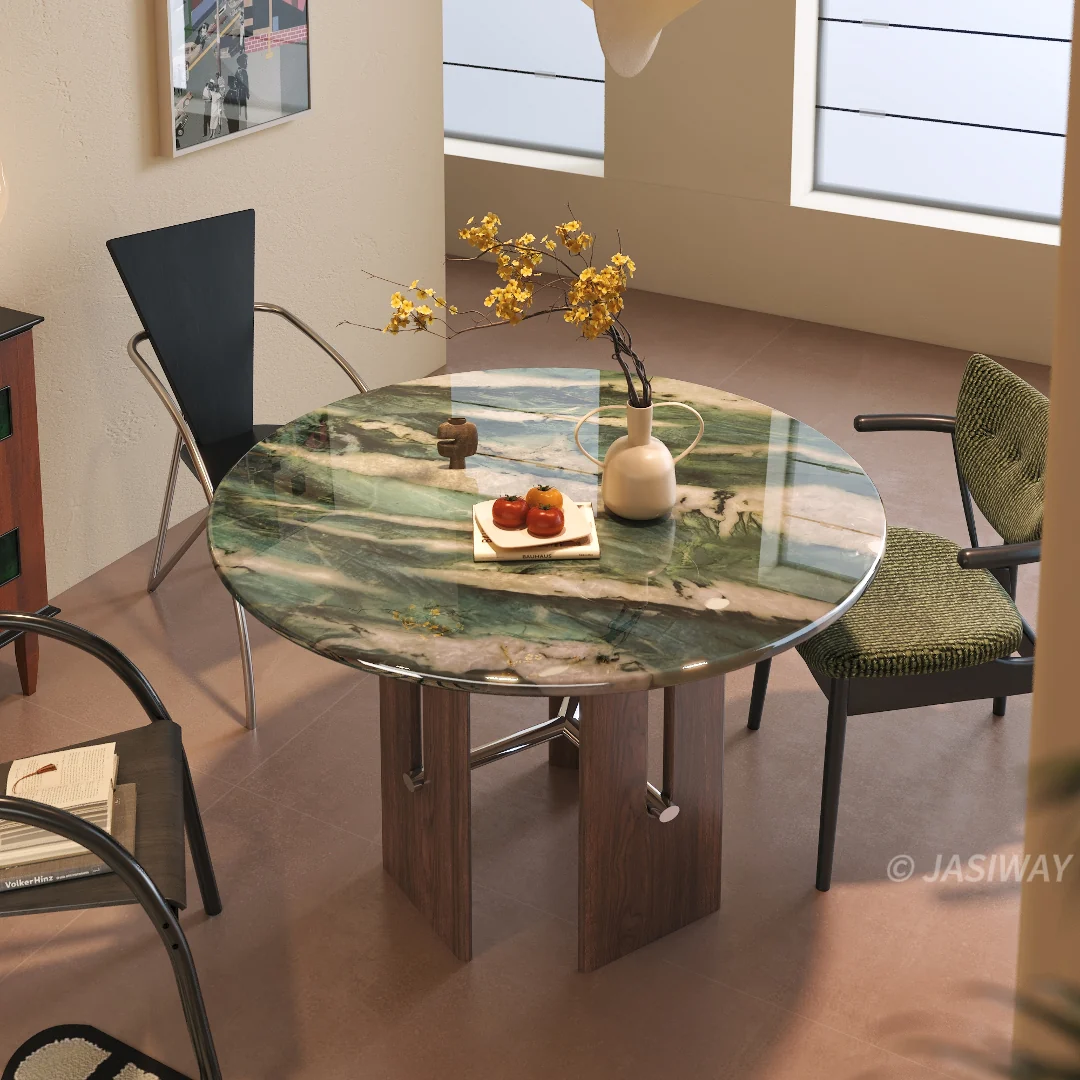 NÓVORA CASA Redondo mármol Mesa de comedor con escultórico madera & metal soporte| Moderno natural piedra Cocina mesa con abierto Almacenamiento diseño para 4-6