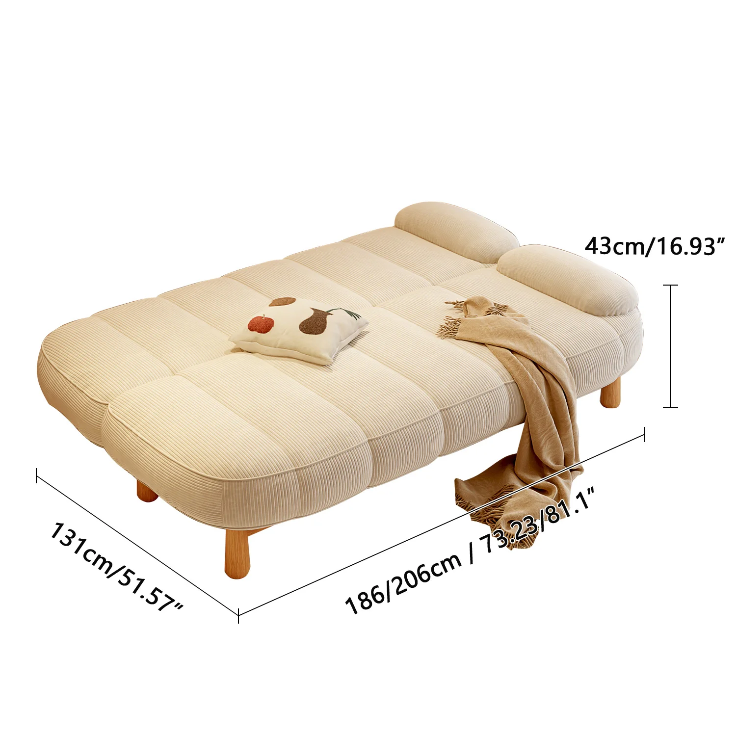 NÓVORA CASA Japandi sofá de dos plazas plegable Sofá cama en Crema Blanco & Verde pana tela