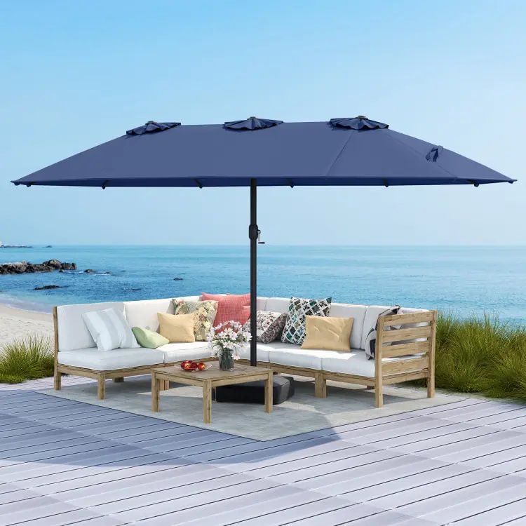 Sombrilla solar de 4,5/4 m con base, sombrilla doble extragrande para exteriores con 36 luces LED y manivela, perfecta para jardines, patios, piscinas y cobertizos exteriores.