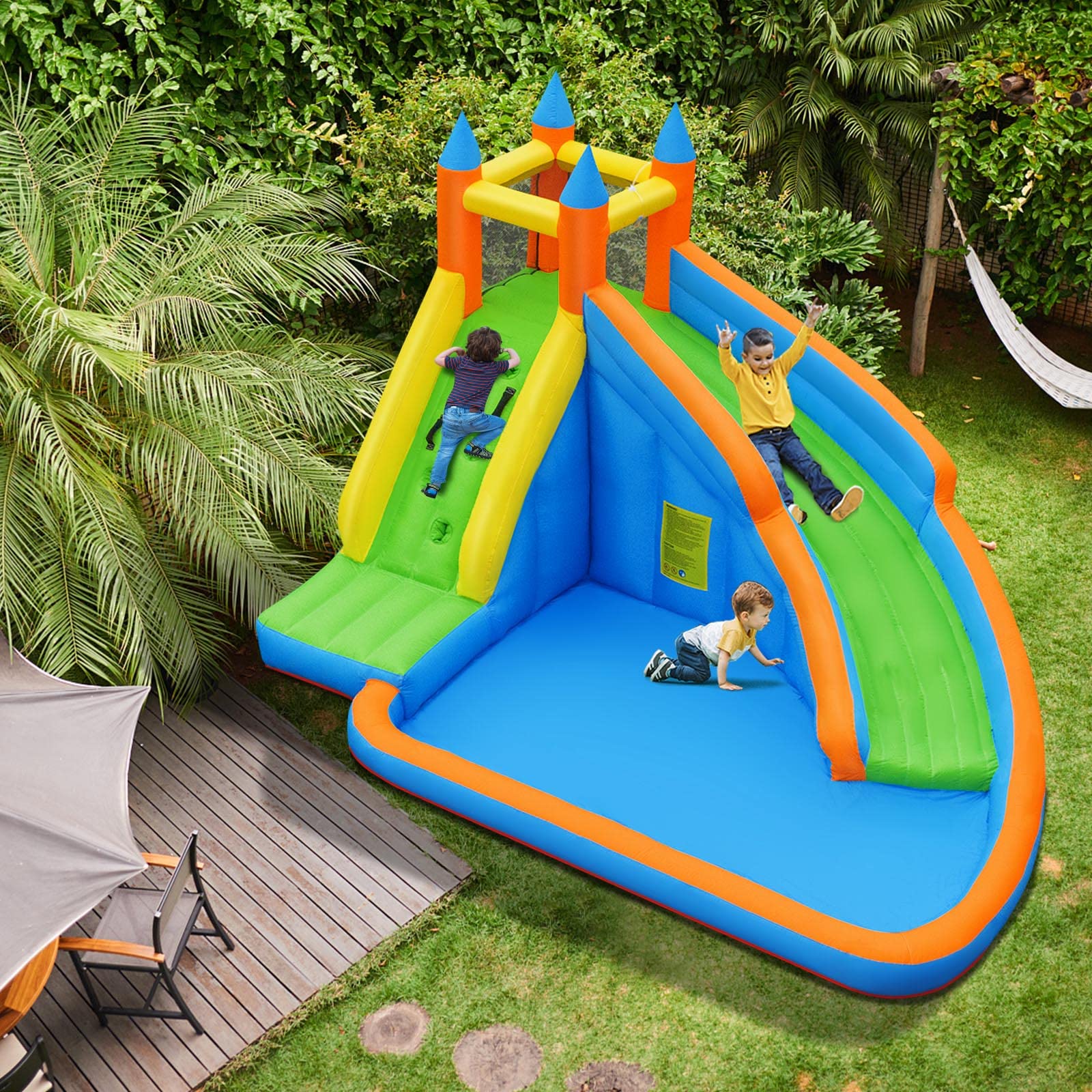 Costzon Inflatable Water Slide, Giant Bouncy Waterslide Park for Kids Backyard Outdoor Fun with Climbing Wall