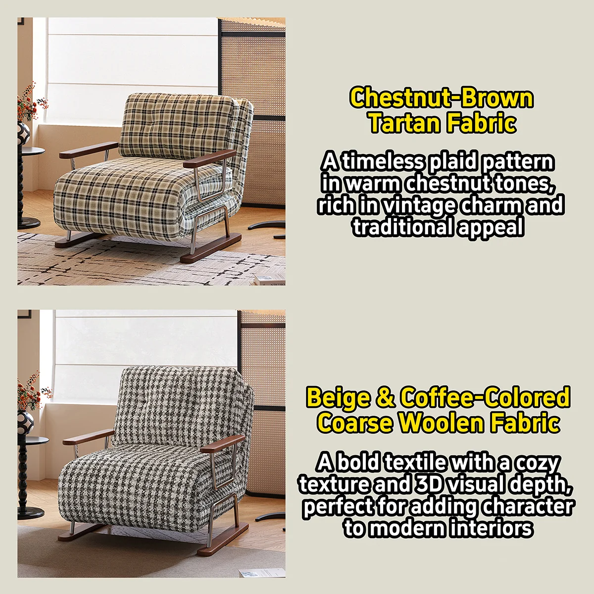 NÓVORA CASA a cuadros Sofá cama– 4-en-1 transformable plegable sillón cama para pequeño espacios