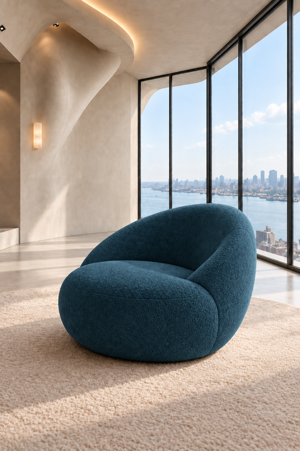 CurvaCasa · 1 sillón individual · Azul petróleo · visualización IA