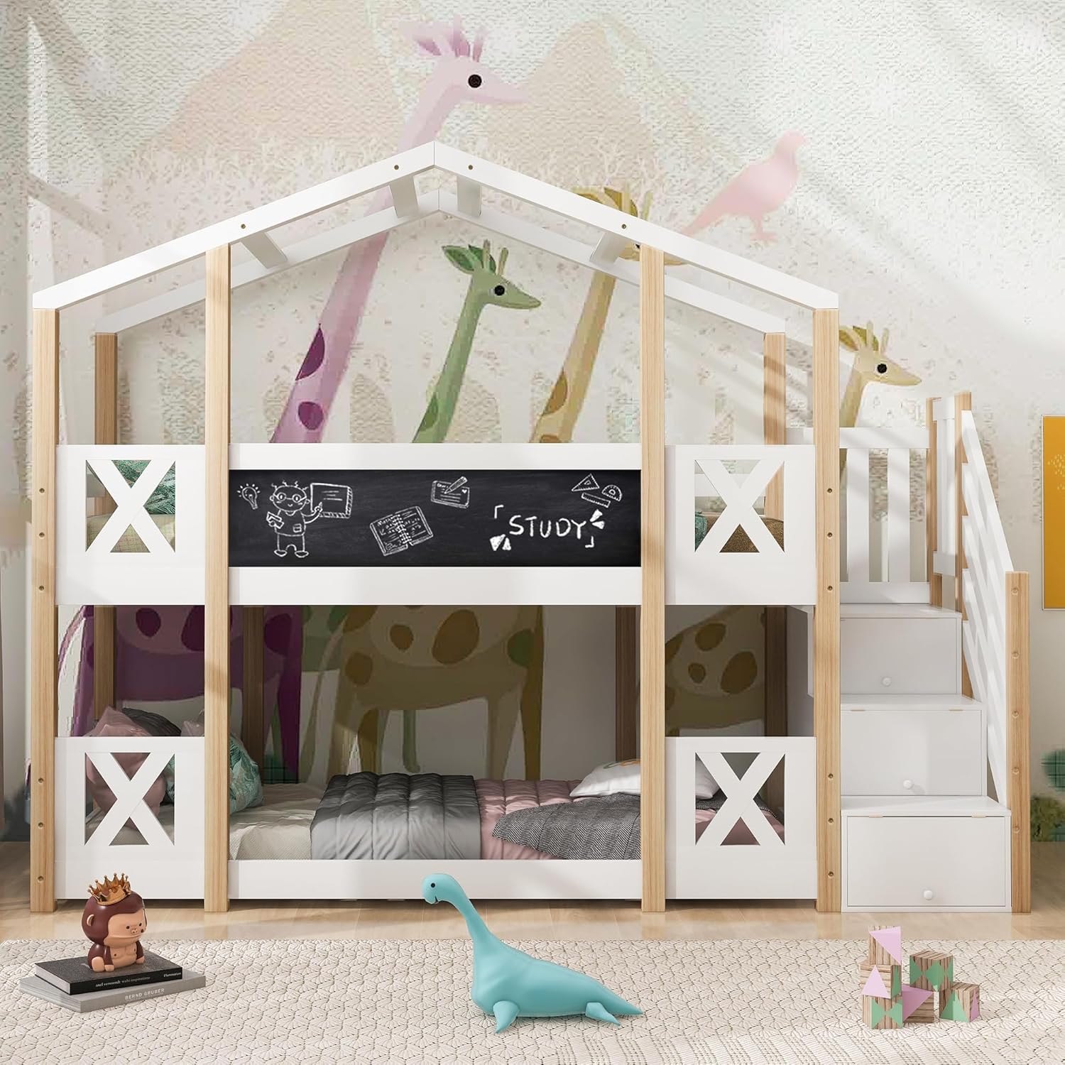 Dolamaní Łóżko domowe 90 x 200 cm ze schodami, łóżko piętrowe 90 x 200 cm, łóżko piętrowe z szufladą i zabezpieczeniem przed wypadnięciem, łóżko pojedyncze dla dzieci, 2 stelaże z listew, kolor