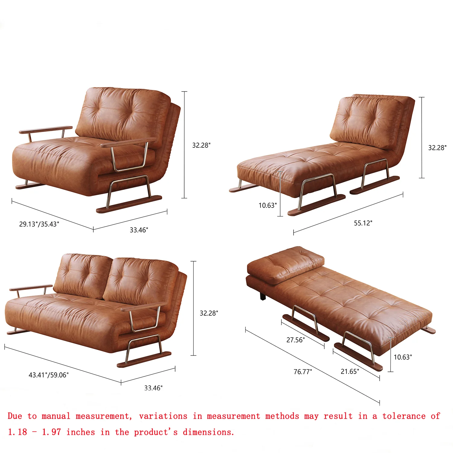 NÓVORA CASA Plegable Sofá cama en caramelo ecológico piel– 4-en-1 transformable sillón, diván & cama