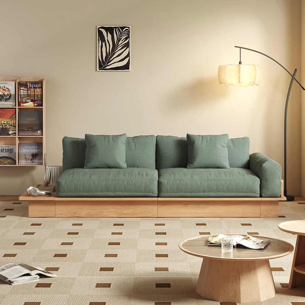 NÓVORA CASA piso plataforma madera estructura Sofá cama– de doble cara reposabrazos, pana o lino mezcla tapizado