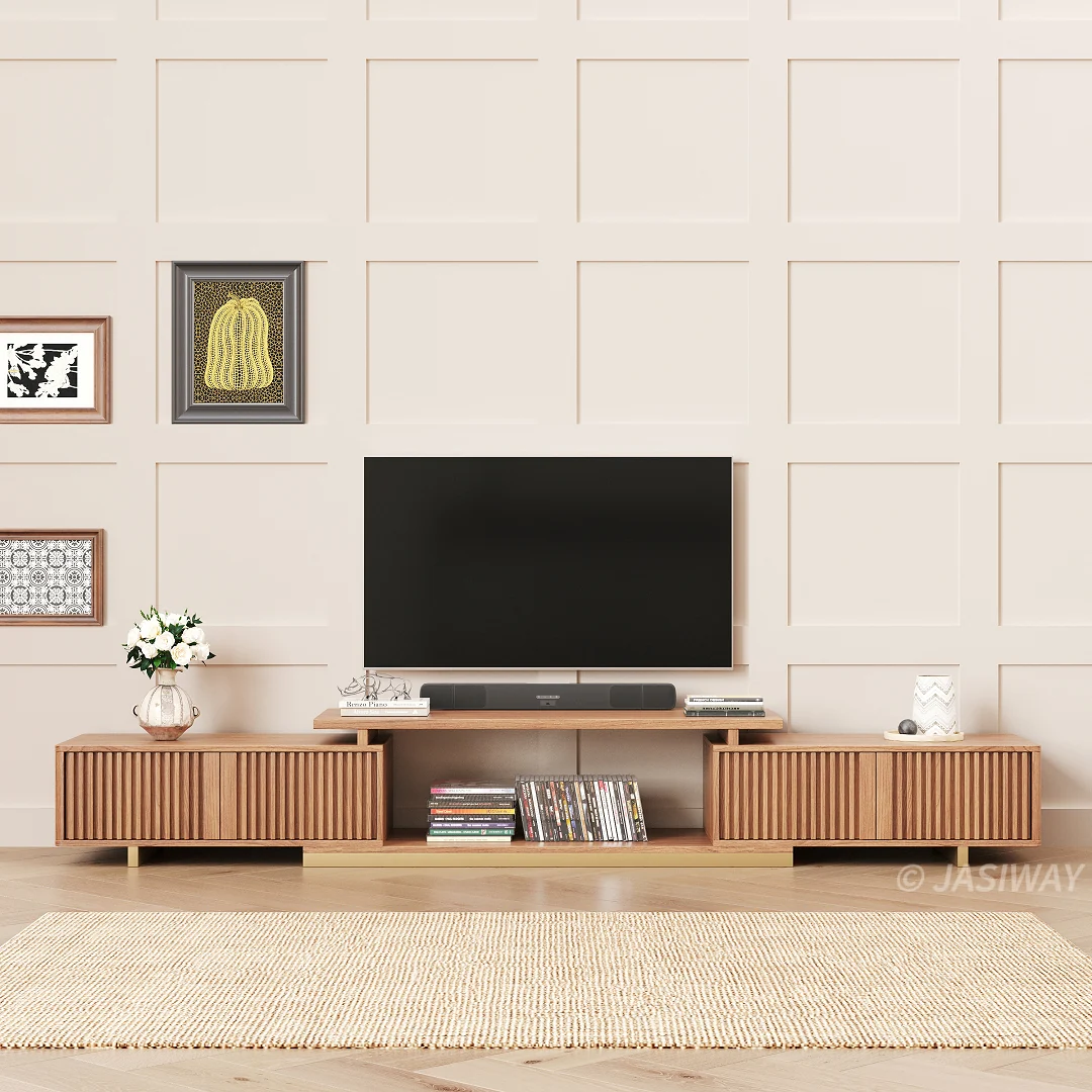 NÓVORA CASA Extensible acanalado madera Mueble para TV con 2 gabinetes & Almacenamiento| Ajustable Moderno multimedia consola para TVs superior a 85