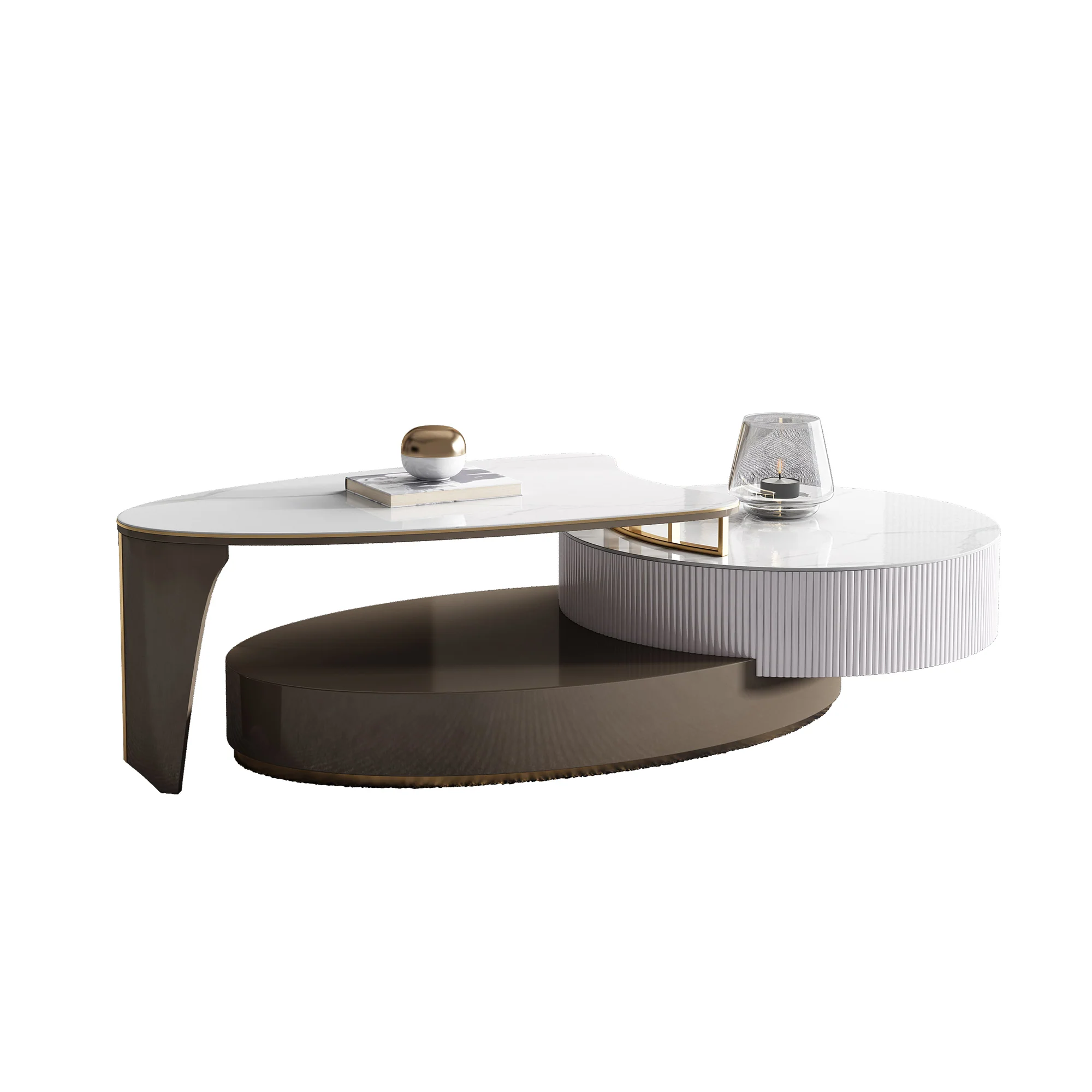 NÓVORA CASA Extensible Mesa de centro con Almacenamiento Piedra sinterizada superior & madera estructura