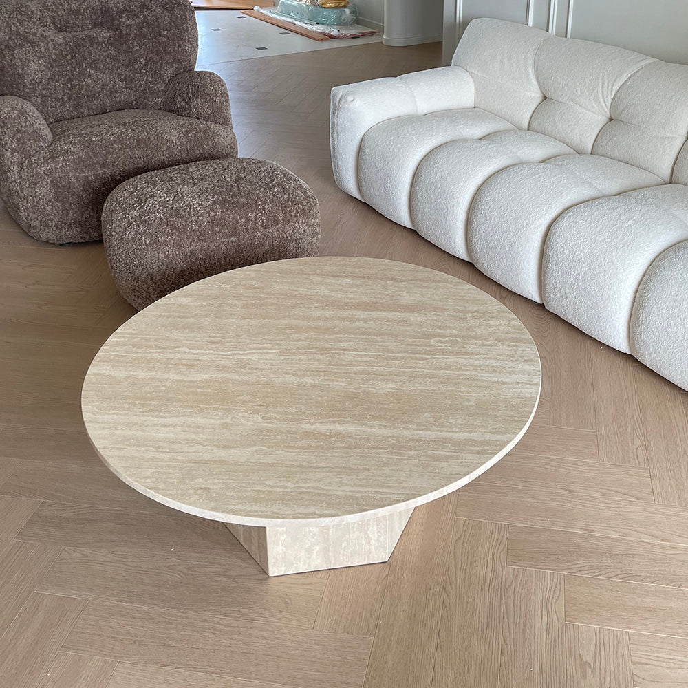 NÓVORA CASA Japandi Redondo Mesa de centro- Beige travertino & premium madera