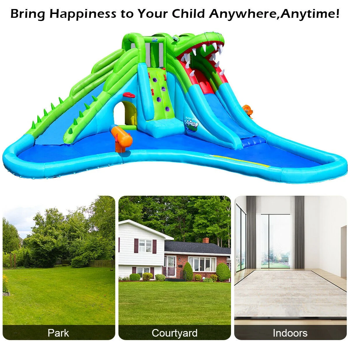 Costzon Inflatable Water Slide, Giant 7 in 1 Crocodile Water Park w/ Double Slides
