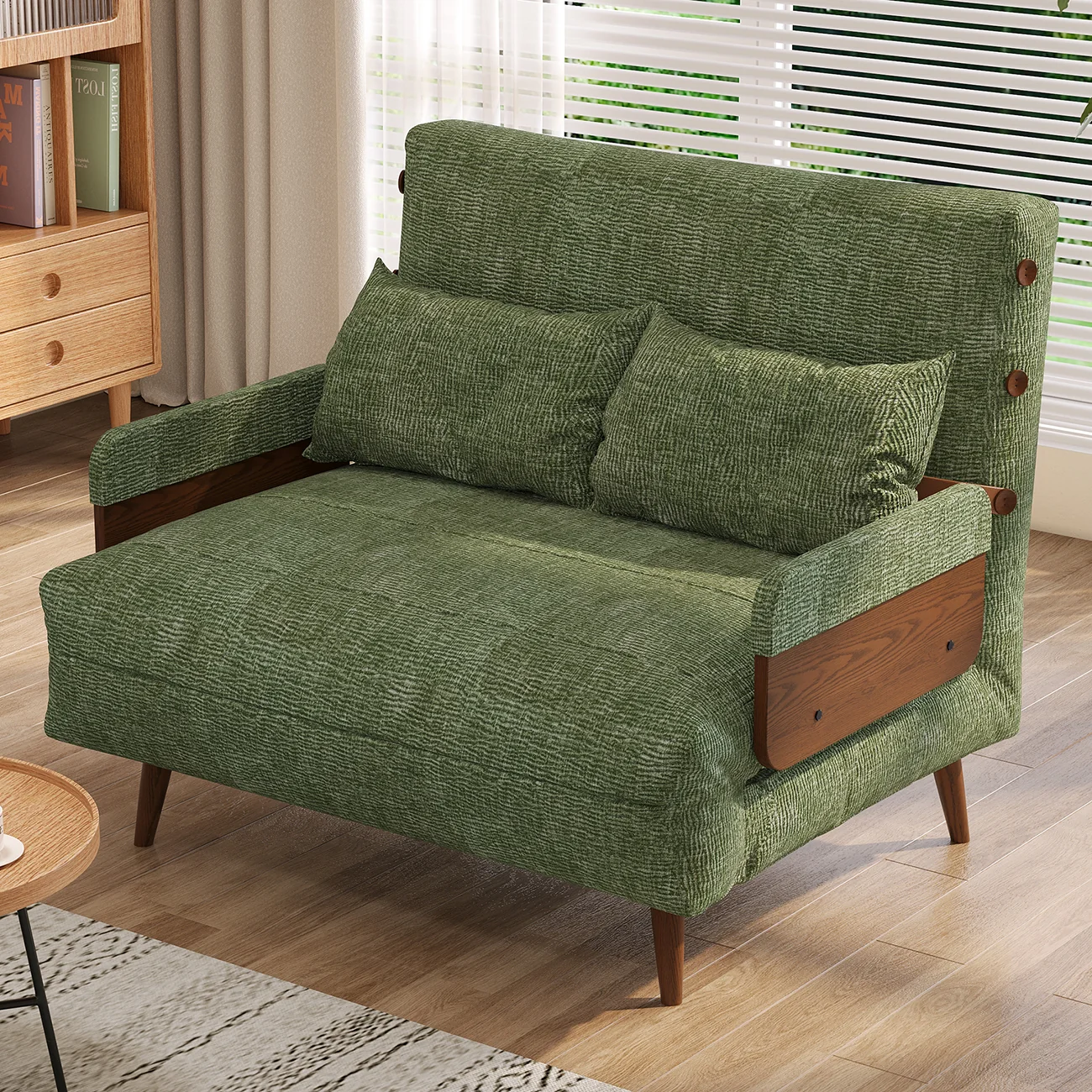 NÓVORA CASA mediados siglo Moderno Verde Sofá cama transformable para pequeño espacios| individual cama sofá con madera brazos