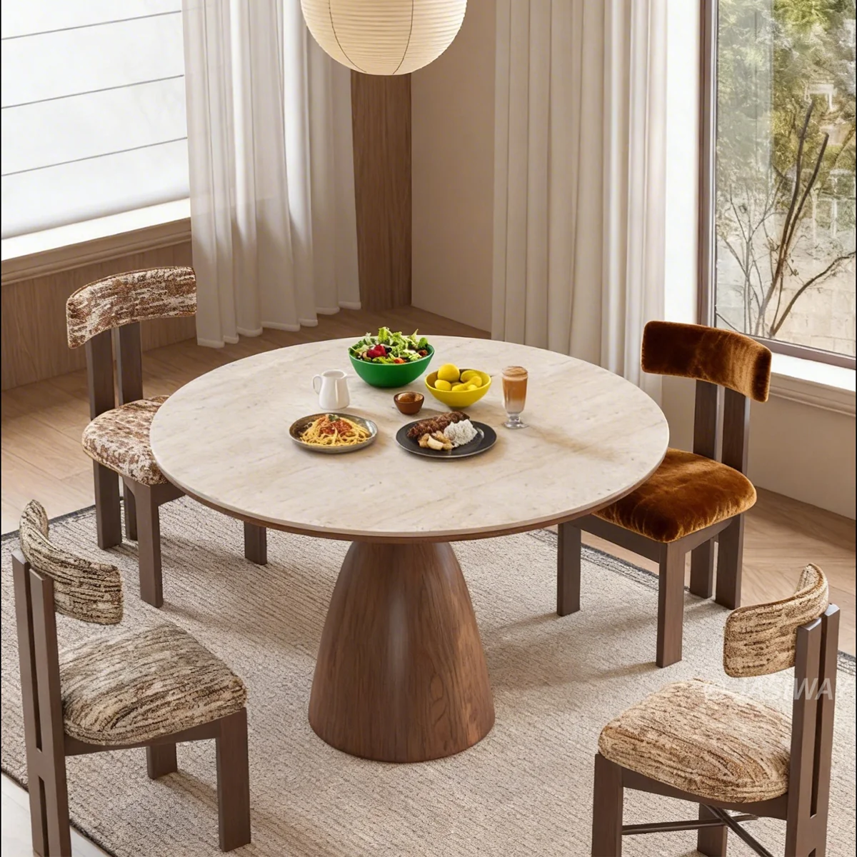 NÓVORA CASA Redondo Piedra sinterizada Mesa de comedor con madera pedestal soporte| mármol Look piedra superior Cocina & Mesa de comedor para Moderno hogares