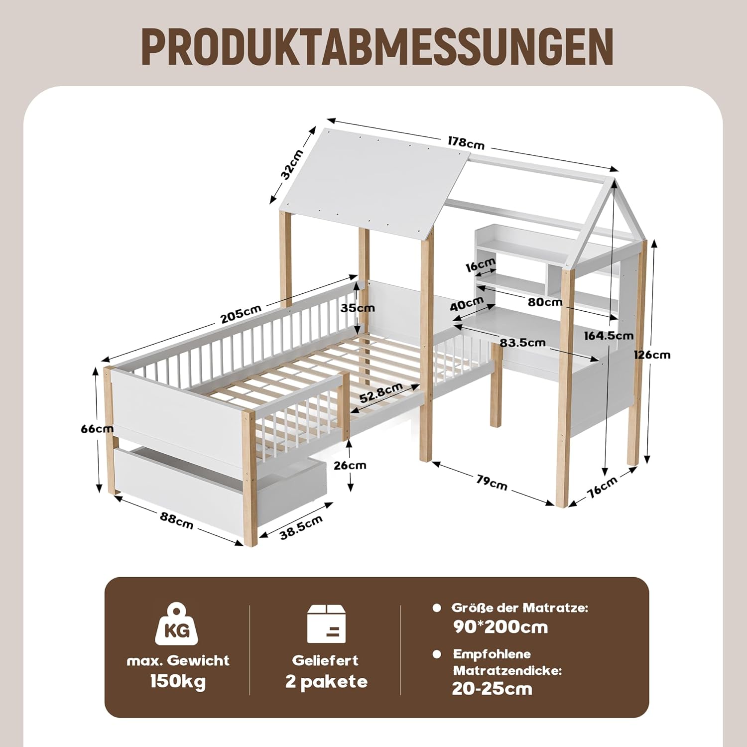 BXEYXE 90 x 200 cm łóżko dziecięce z zabezpieczeniem przed wypadnięciem i stelażem, biurko w kształcie litery L i regał na książki, szuflady na kółkach, wielofunkcyjne łóżko domowe z litego drewna