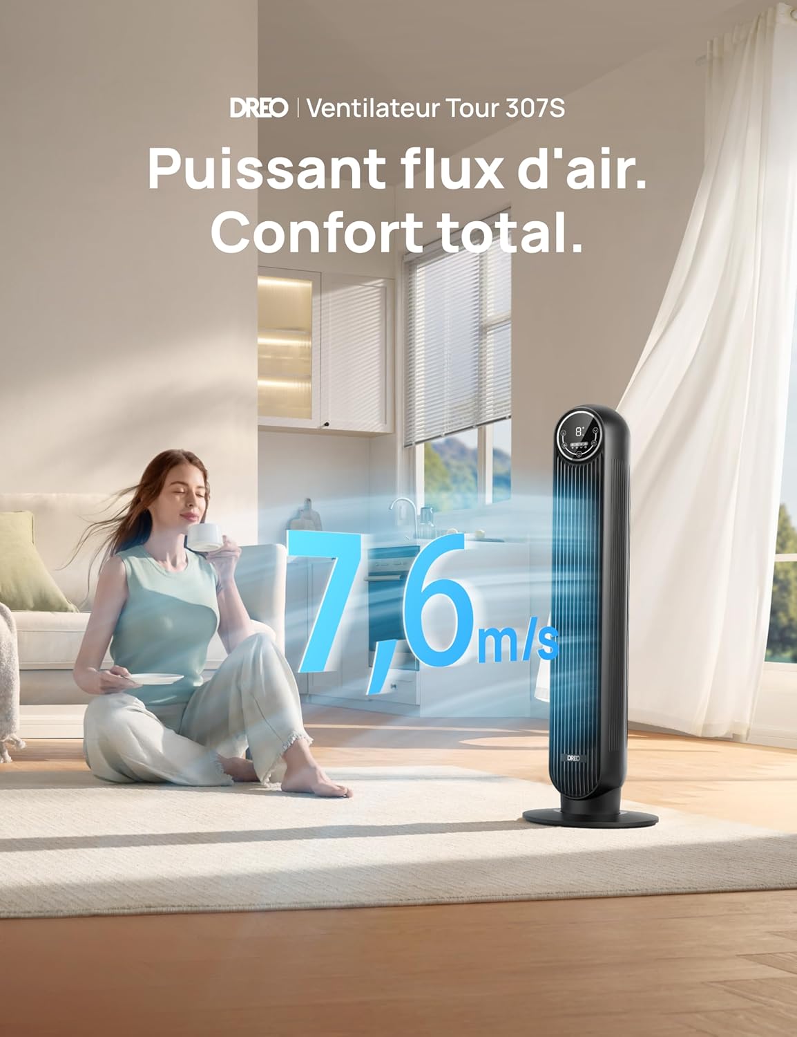 DREO Ventilateur tour intelligent avec fonction WiFi, ventilateur silencieux avec contrôle vocal et télécommande, oscillation à 90°