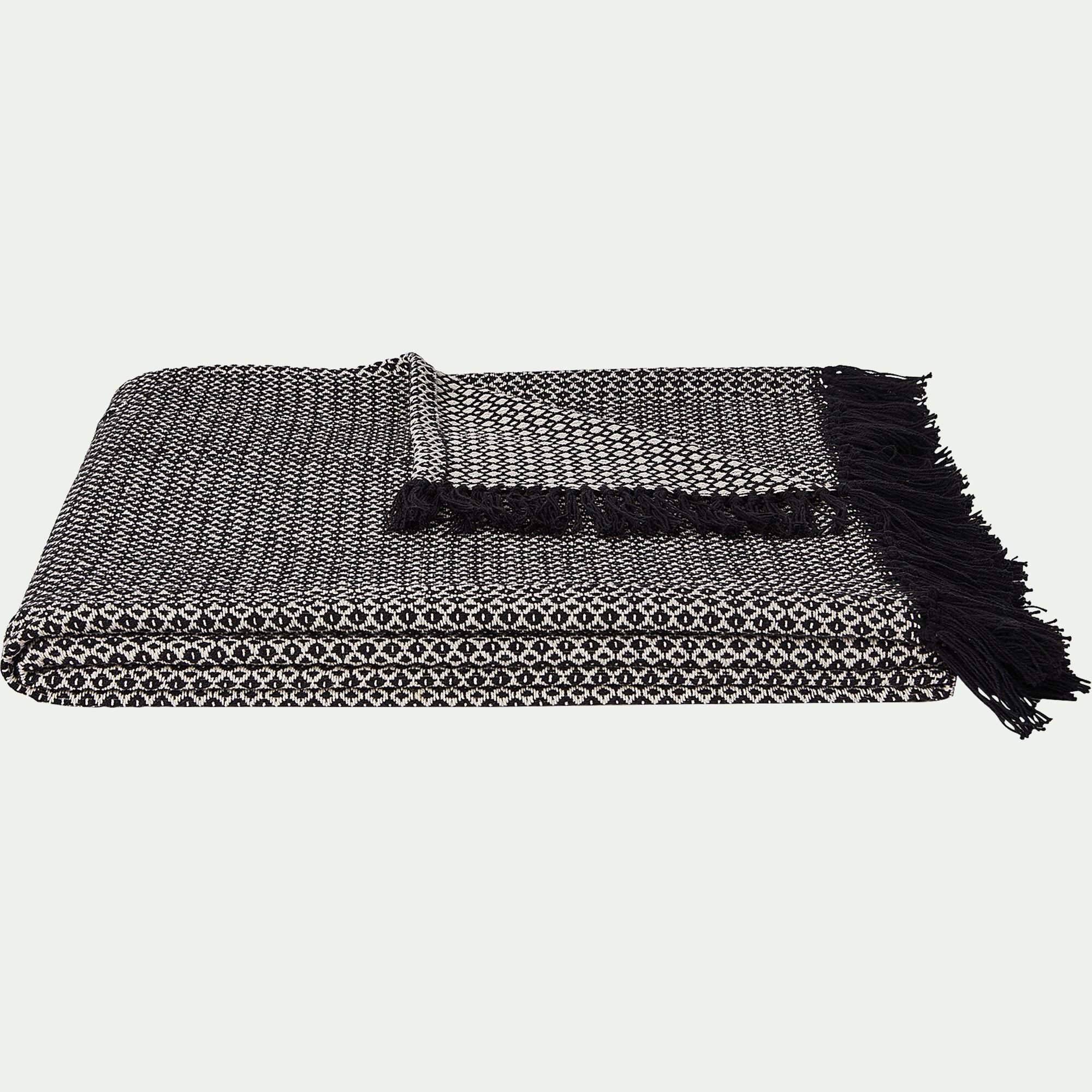 PARA - Plaid à franges et motifs en coton - noir 130x170cm