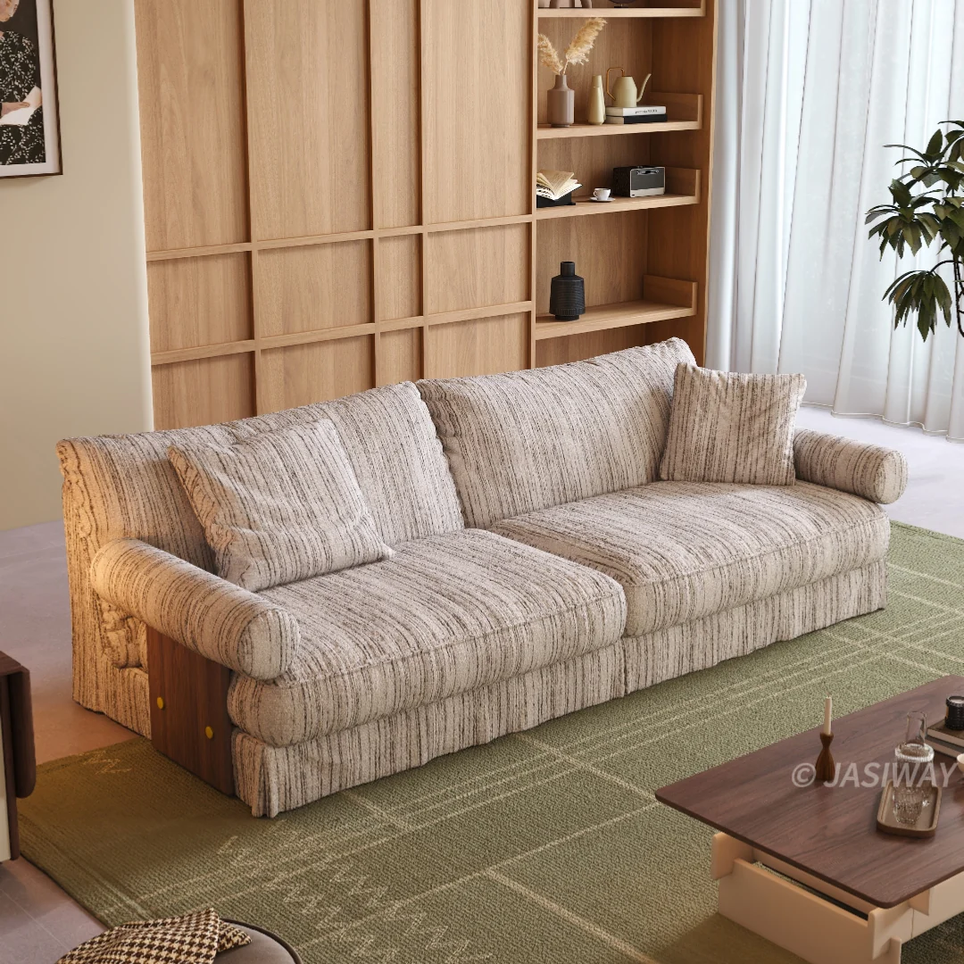JASIWAY texturizado lino mezcla sofá– Minimalista Crema Blanco Tapizado sofá con Madera maciza detalle| cómodo Sala asiento