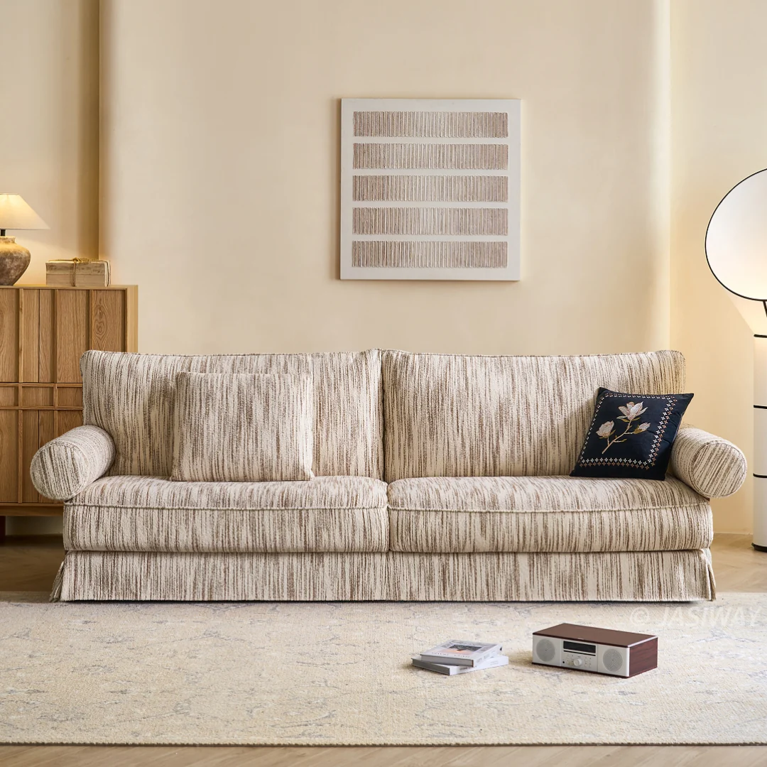 JASIWAY texturizado lino mezcla sofá– Minimalista Crema Blanco Tapizado sofá con Madera maciza detalle| cómodo Sala asiento