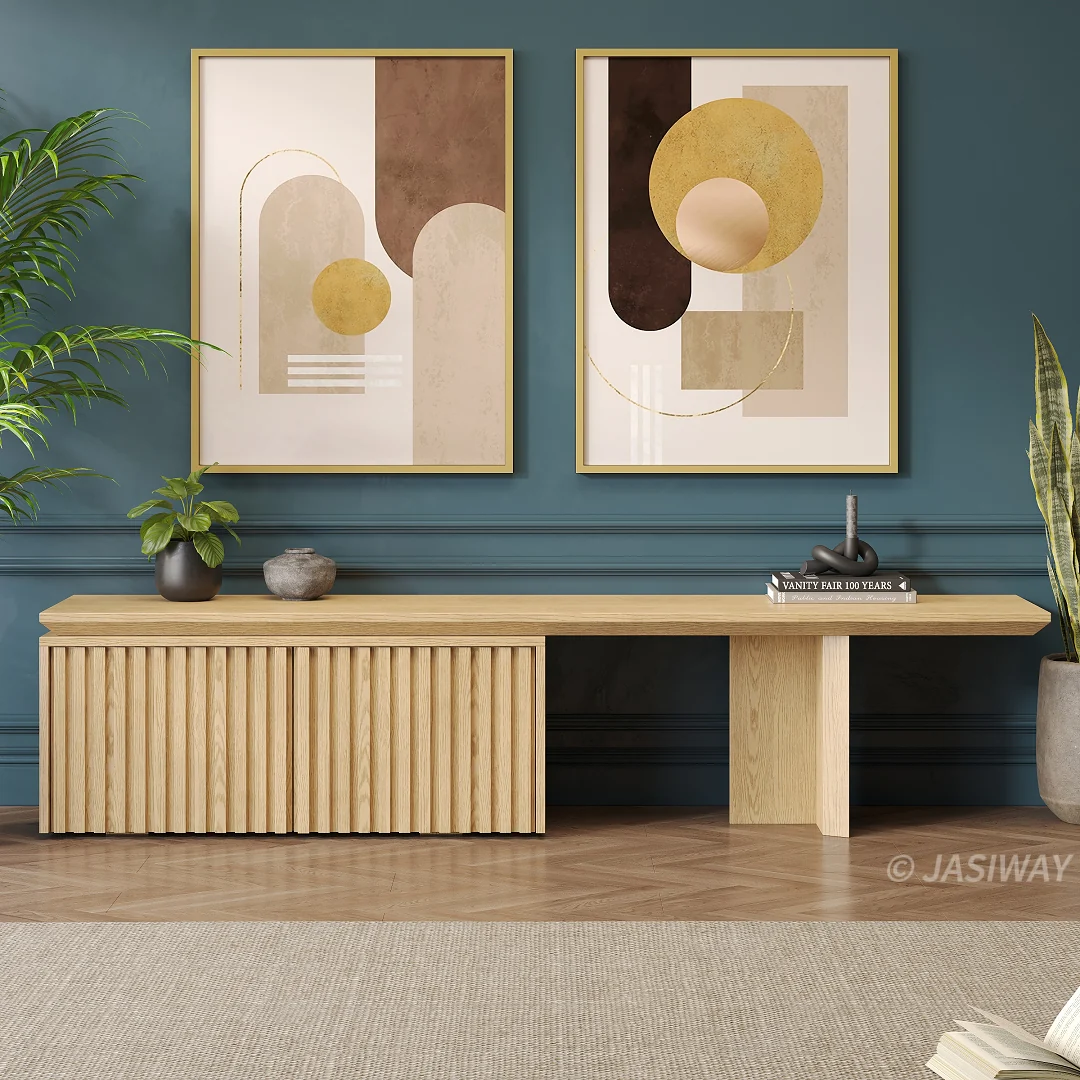 NÓVORA CASA Extensible mediados siglo Moderno Mueble para TV con acanalado puertas & Ajustable repisas| expandible madera multimedia consola para Sala